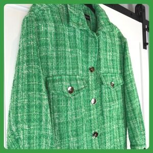 Zara Green Tweed Shacket XS Shirt Jacket Plaid Fringed Hem Y2K Vintage Old Money